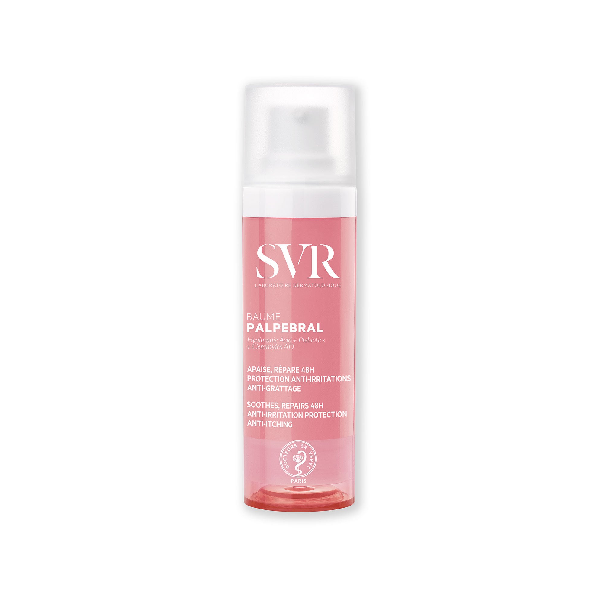 Flacon pompe SVR PALPEBRAL Baume de 15ml, soin apaisant anti-irritations pour paupières et visage, design rose et blanc.