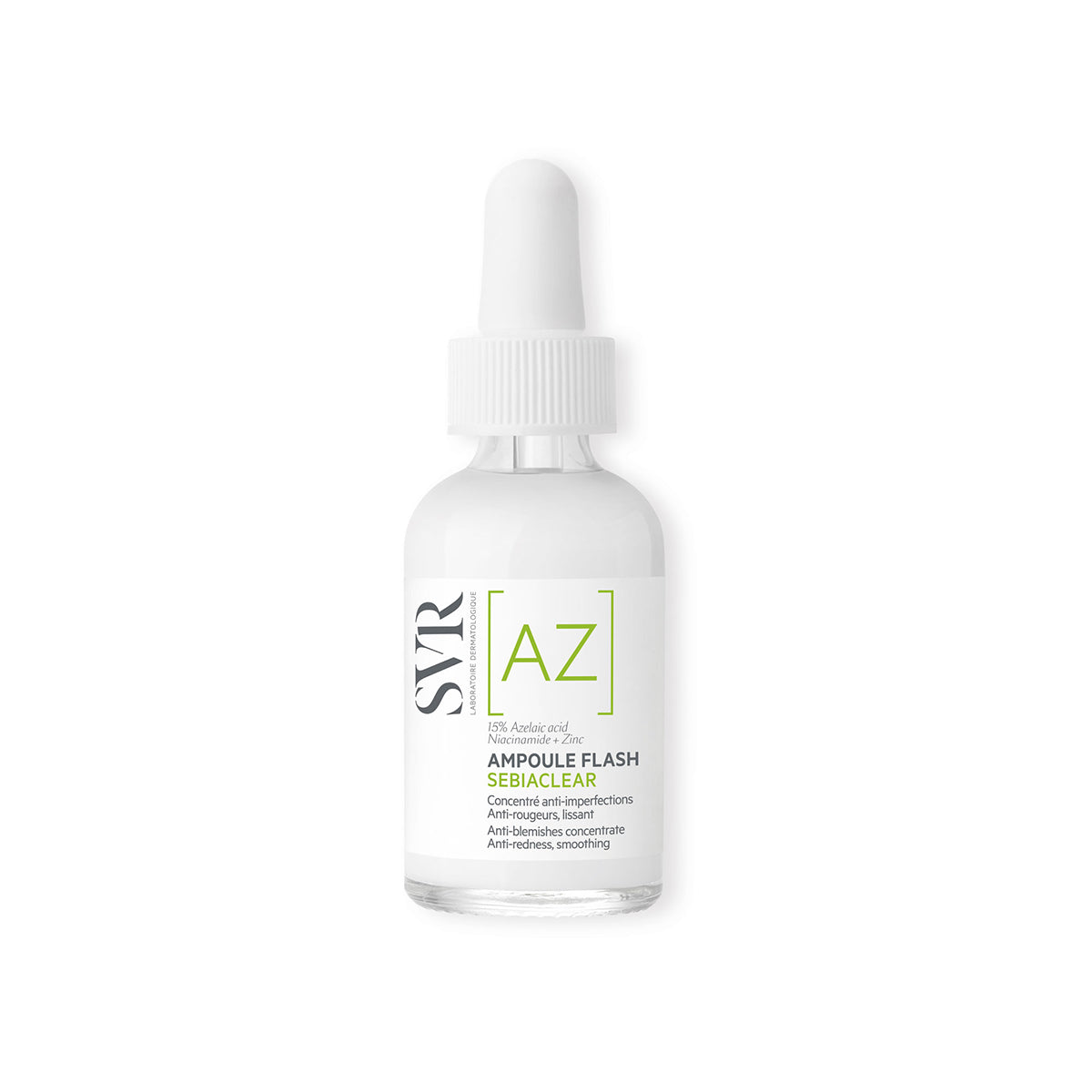 Flacon compte-gouttes SVR Sebiaclear Ampoule Flash avec étiquette blanche, texte vert et noir, sur fond blanc.