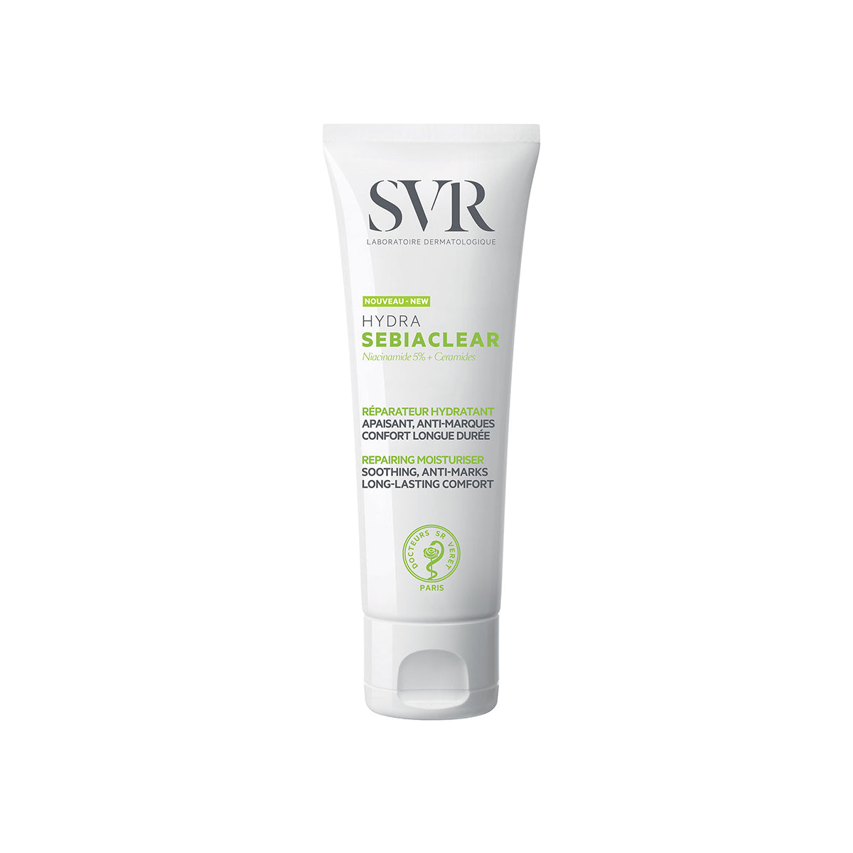 Tube blanc de soin SVR Sebiaclear Hydra avec bouchon à clapet, texte vert et noir sur fond épuré pour peaux acnéiques.