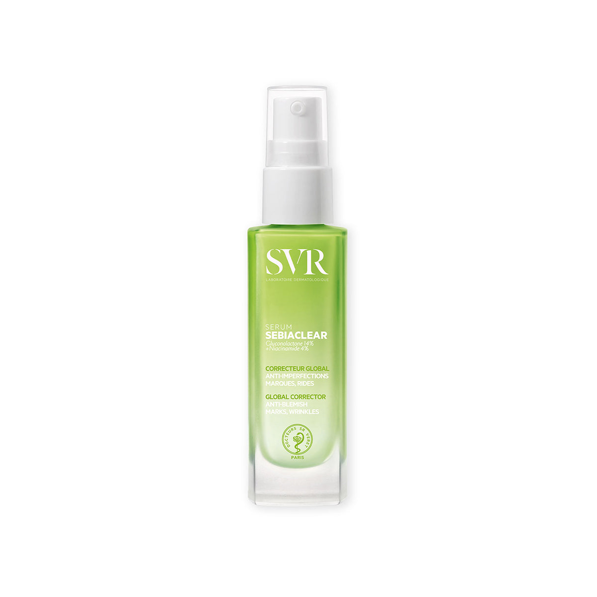 Flacon pompe SVR SEBIACLEAR Sérum anti-imperfections et anti-rides dans un verre dégradé vert translucide.