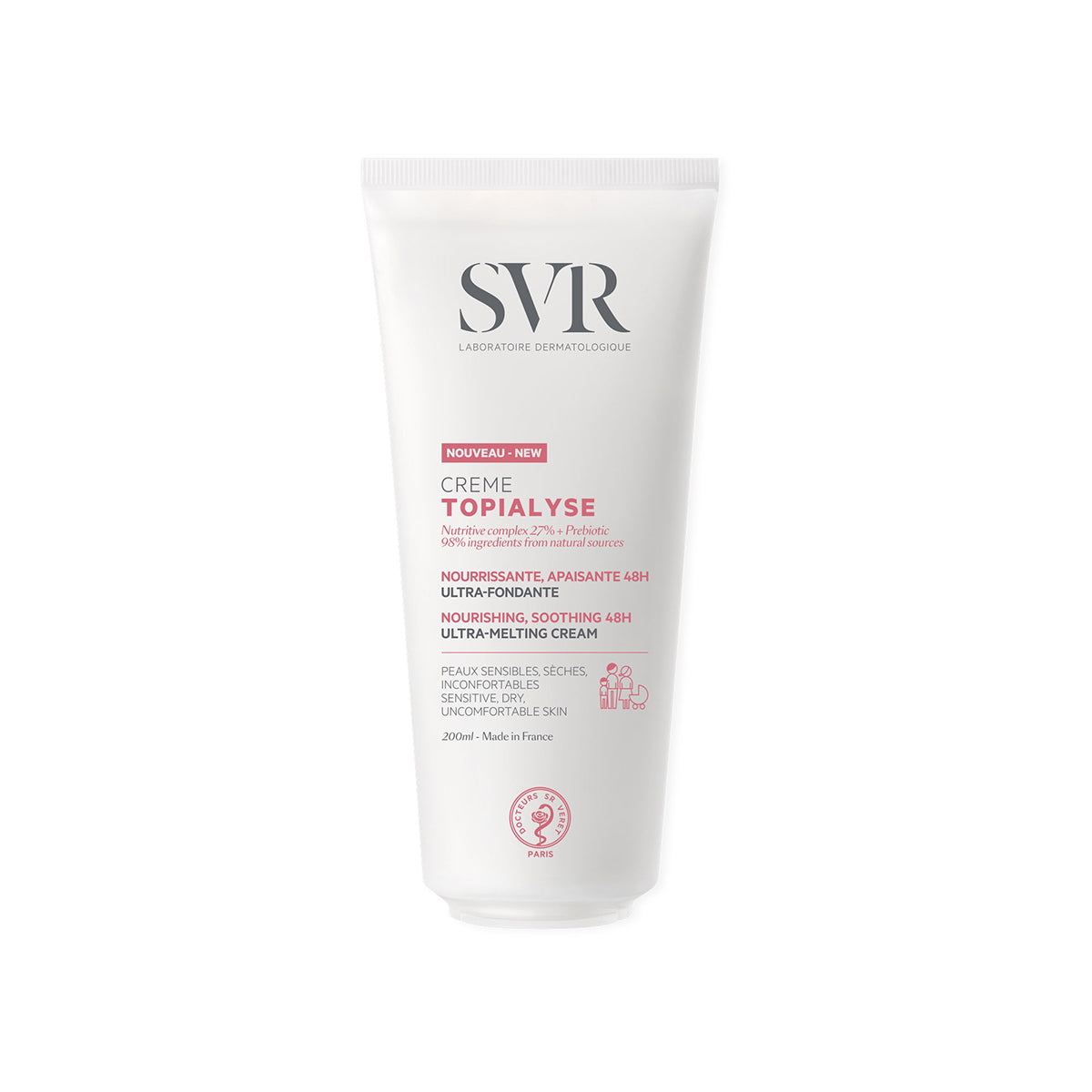 Tube blanc de 200 ml de crème nourrissante SVR TOPIALYSE pour peaux sèches et sensibles sur fond blanc.
