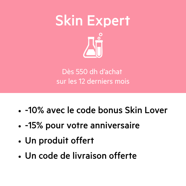 Skin Expert loyalty program benefits with discount codes, birthday offer, free product, and free delivery on pink background.