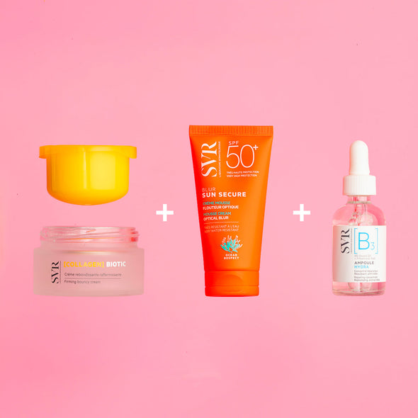 Routine SVR avec pot Collagen Biotic, tube orange Sun Secure SPF50+ et flacon compte-gouttes Ampoule B3 sur fond rose.