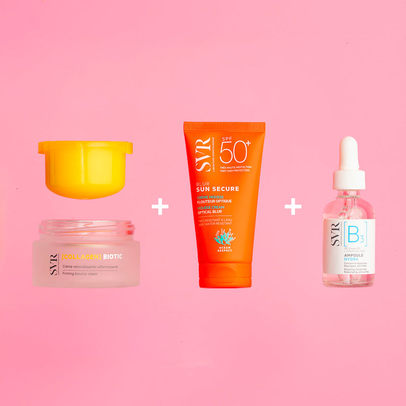 Routine SVR avec pot Collagen Biotic, tube orange Sun Secure SPF50+ et flacon compte-gouttes Ampoule B3 sur fond rose.