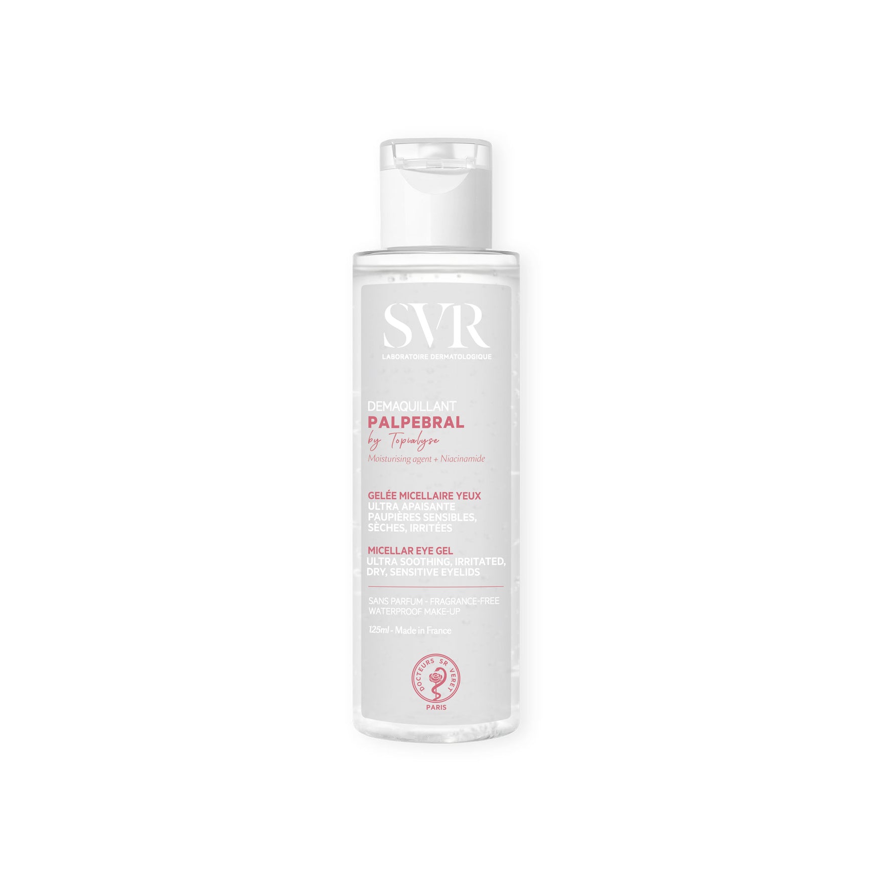 Flacon transparent de gel démaquillant SVR Palpebral de 125 ml avec bouchon à clapet blanc sur fond blanc.
