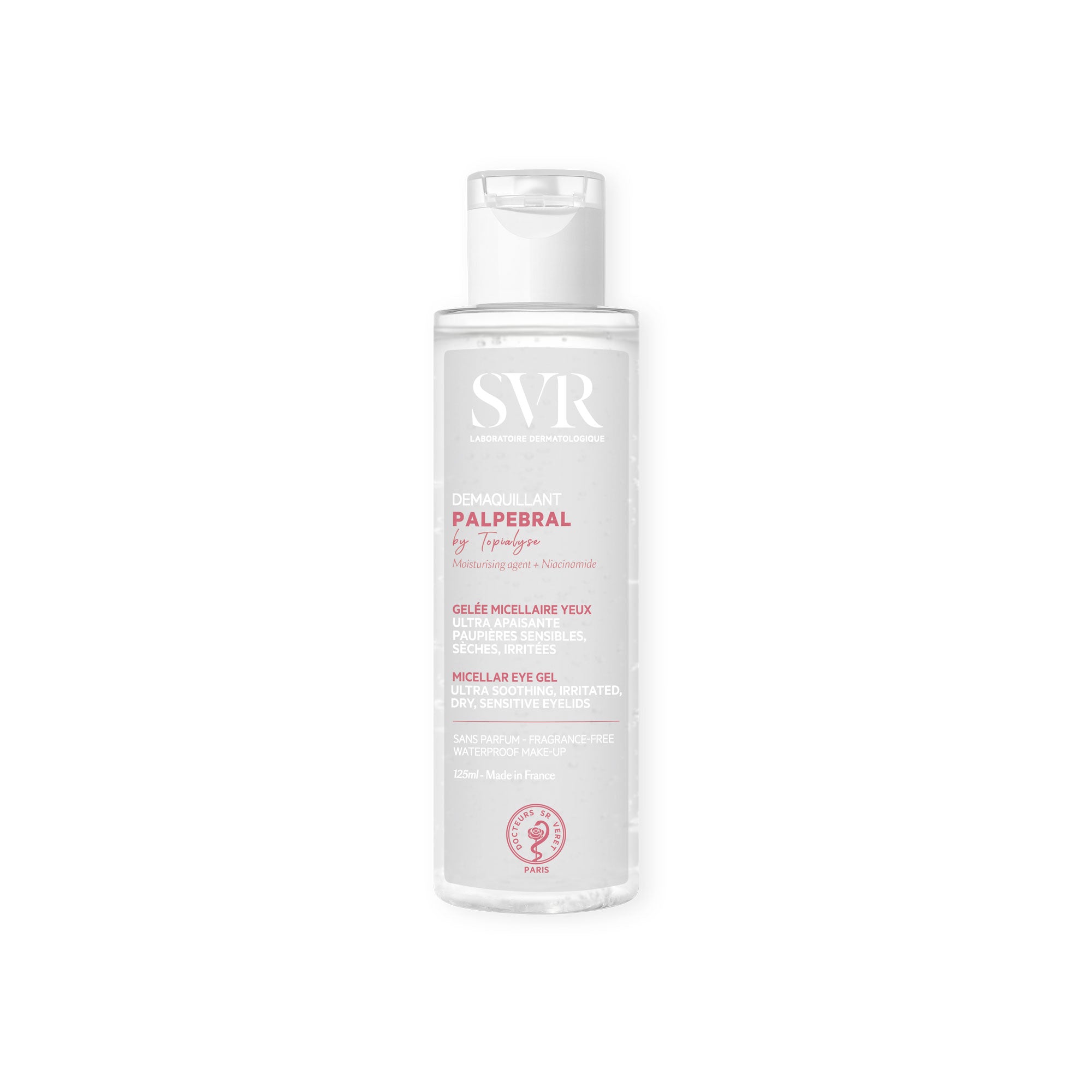Flacon transparent de gel démaquillant SVR Palpebral de 125 ml avec bouchon à clapet blanc sur fond blanc.