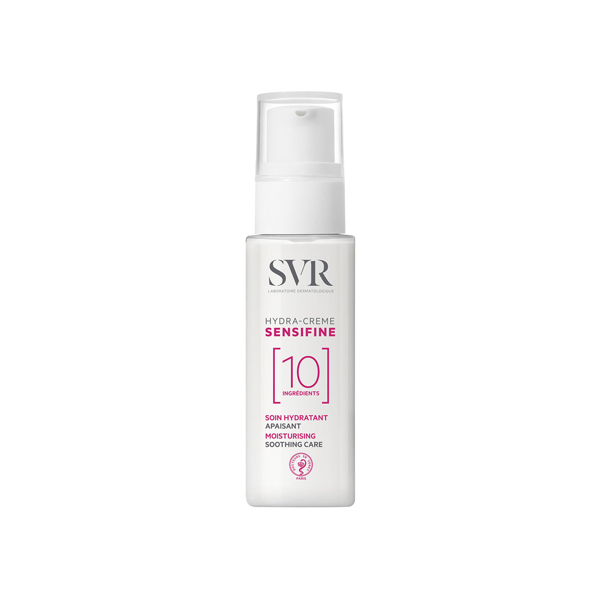Flacon pompe blanc SVR Sensifine Hydra-Crème avec inscription 10 ingrédients en rose sur fond blanc minimaliste.