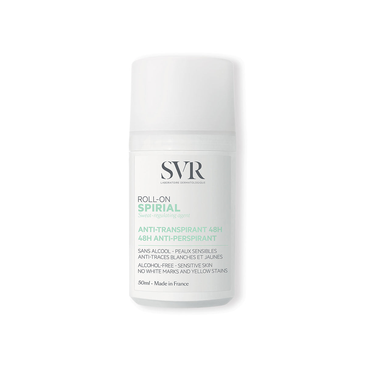 Flacon roll-on blanc SVR Spirial 50ml, déodorant anti-transpirant 48h pour peaux sensibles, design minimaliste.