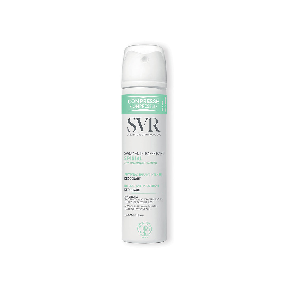 Spray anti-transpirant SVR Spirial compressé 75ml dans un flacon blanc et vert menthe avec bouchon protecteur.