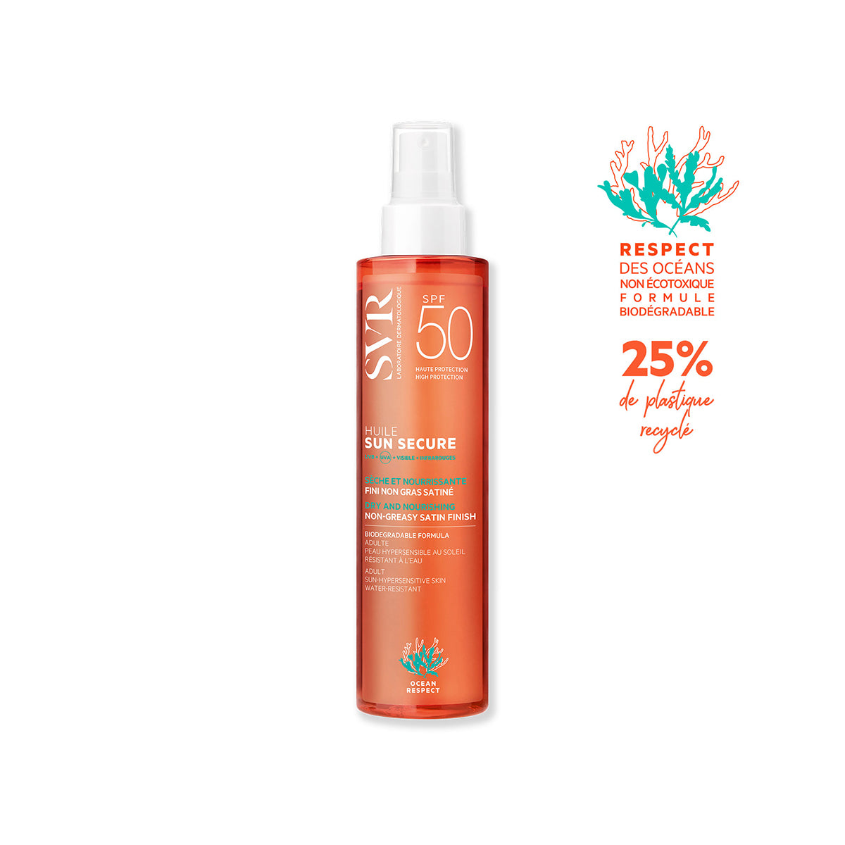 Flacon spray SVR Sun Secure Huile SPF50 orange transparent avec étiquette blanche, formule biodégradable respectueuse des océans.