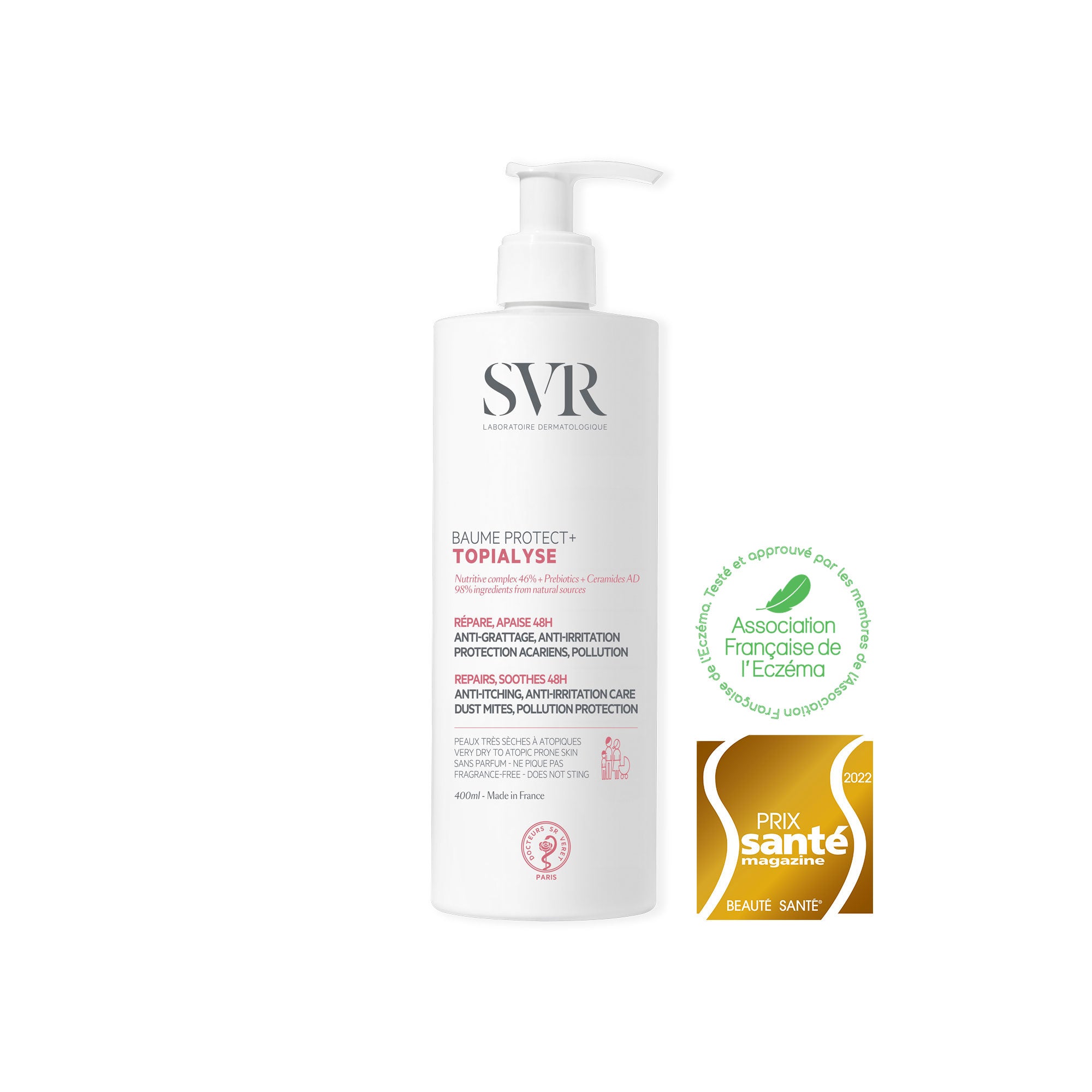 Flacon pompe blanc SVR TOPIALYSE Baume Protect+ 400ml avec logos de certification et prix santé sur fond blanc.