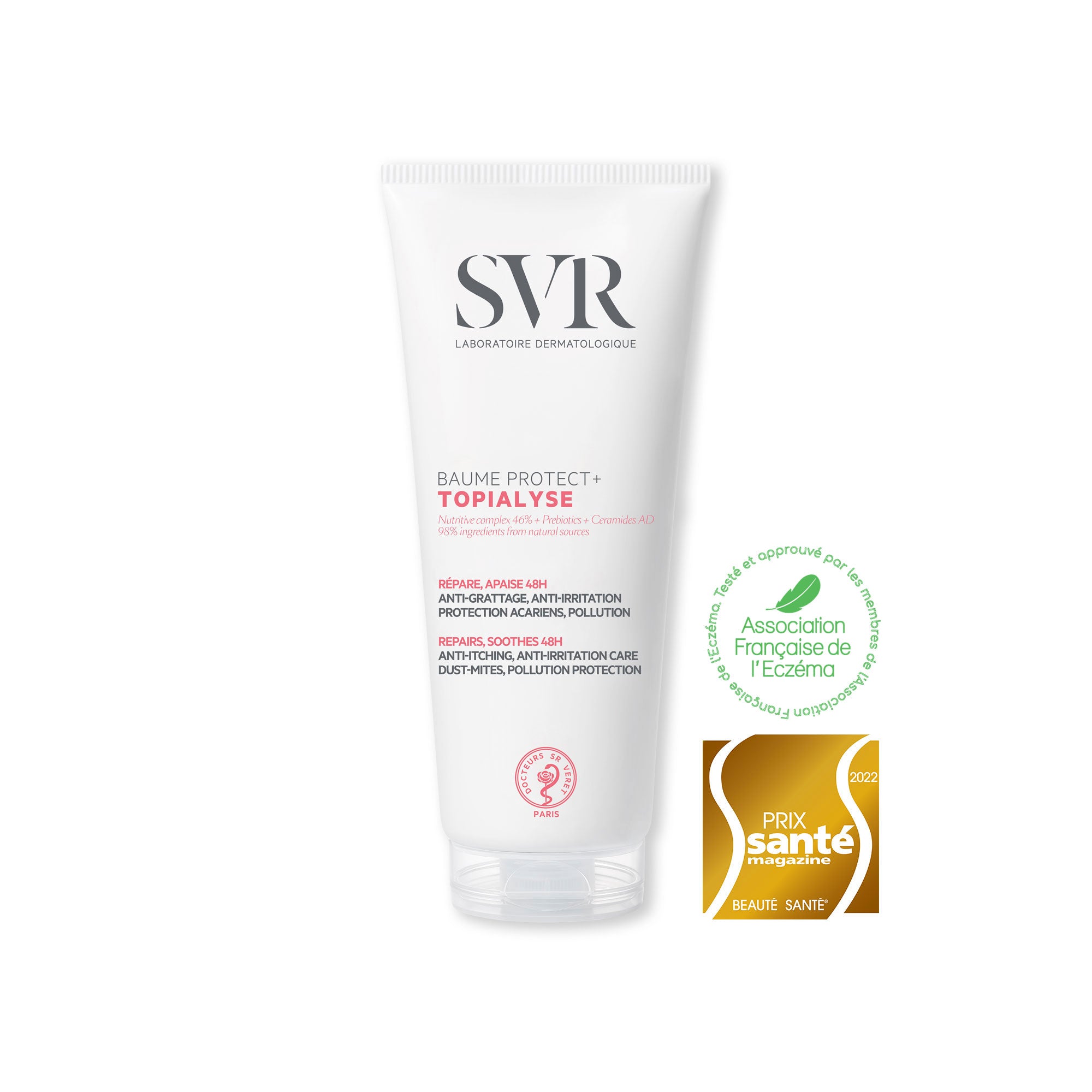 Tube blanc de baume SVR Topialyse Protect+ avec logo, texte descriptif et sceau de l'Association Française de l'Eczéma.