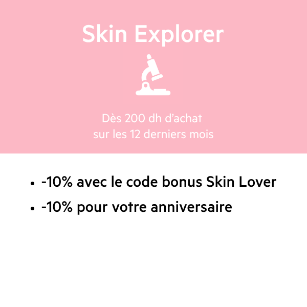 Skin Explorer loyalty program details with a microscope icon, discount codes, and birthday offer on a pink and white background.