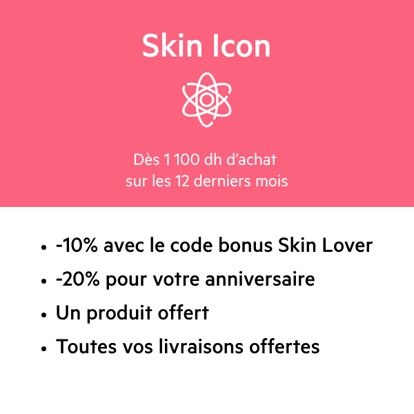 Carte de fidélité Skin Icon présentant les avantages exclusifs, remises et offres de livraison sur fond rose et blanc.