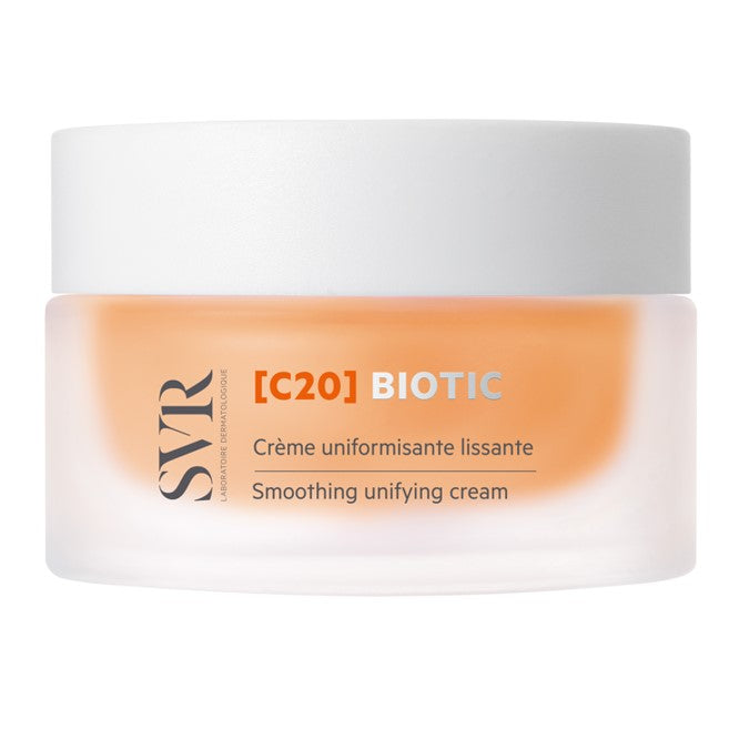 Pot de crème SVR [C20] Biotic en verre dépoli orange avec couvercle blanc, format 50ml, design épuré et moderne.